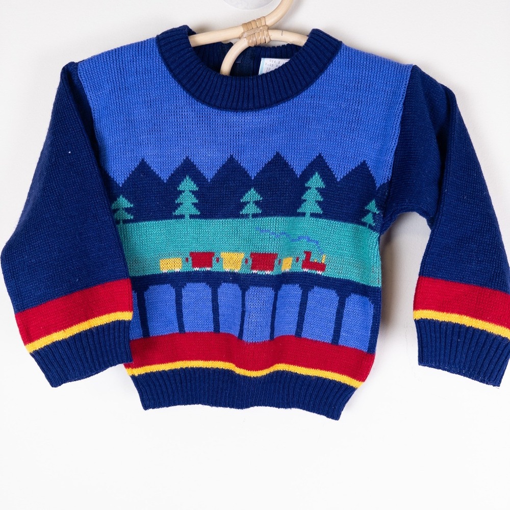 Vintage 90s Baby Togs Train Knit Sweater Kids 18M Blue Red Landscape